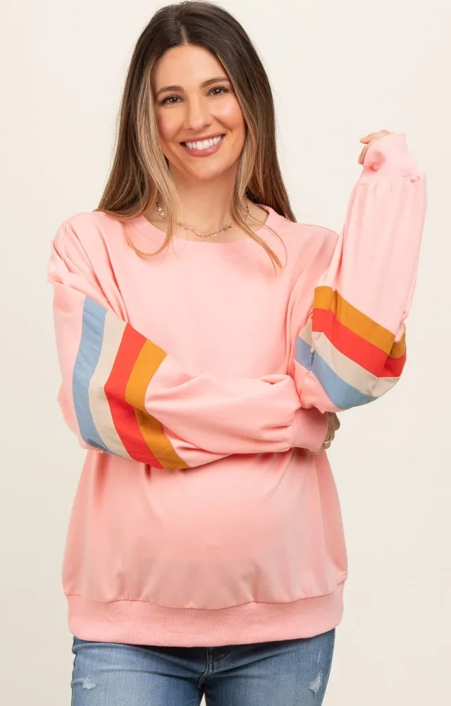 Peach Banded Bottom Terry Maternity Pullover