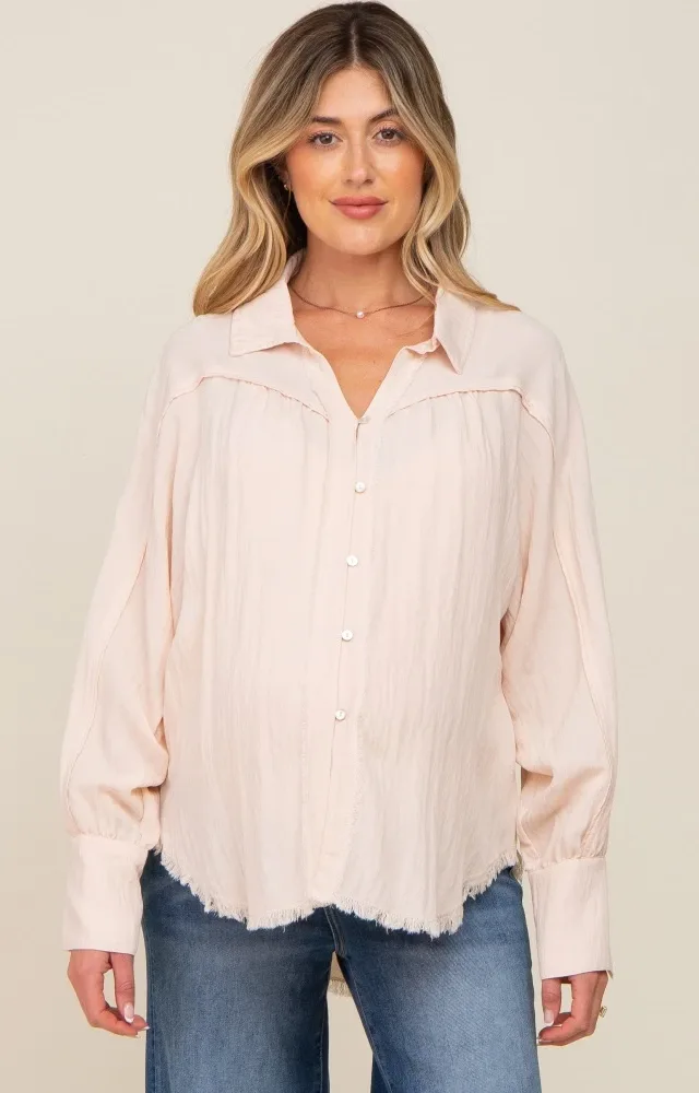 Peach Button-Down Raw Hem Maternity Blouse