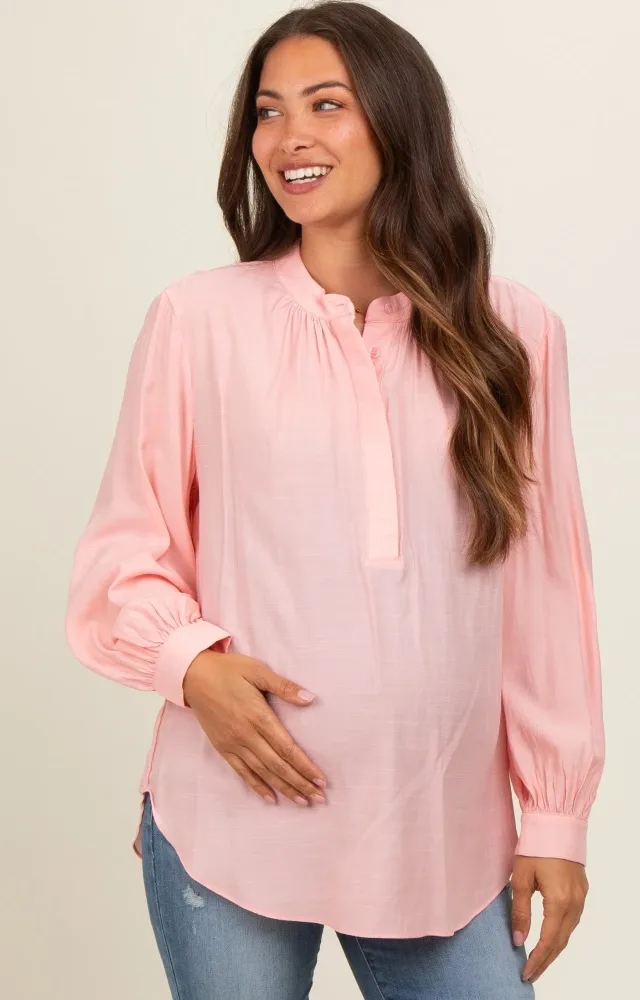 Peach Button Front Long Puff Sleeve Maternity Top