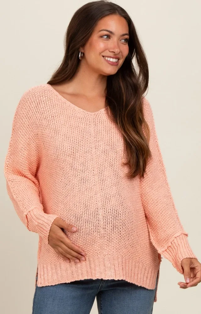 Peach Chunky Knit Side Slit Maternity Sweater