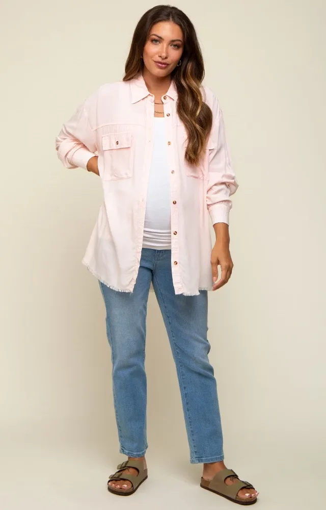 Peach Collared Button Front Raw Hem Maternity Top