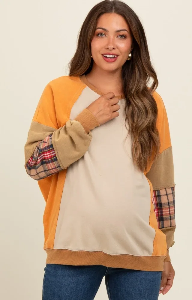 Peach Colorblock Plaid Dolman Sleeve Maternity Pullover