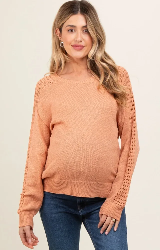 Peach Crochet Detail Sleeve Knit Maternity Top