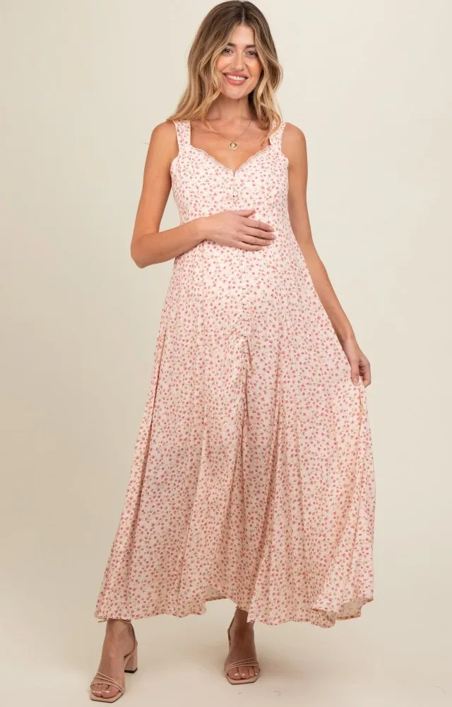 Peach Floral Button Down Maternity Maxi Dress