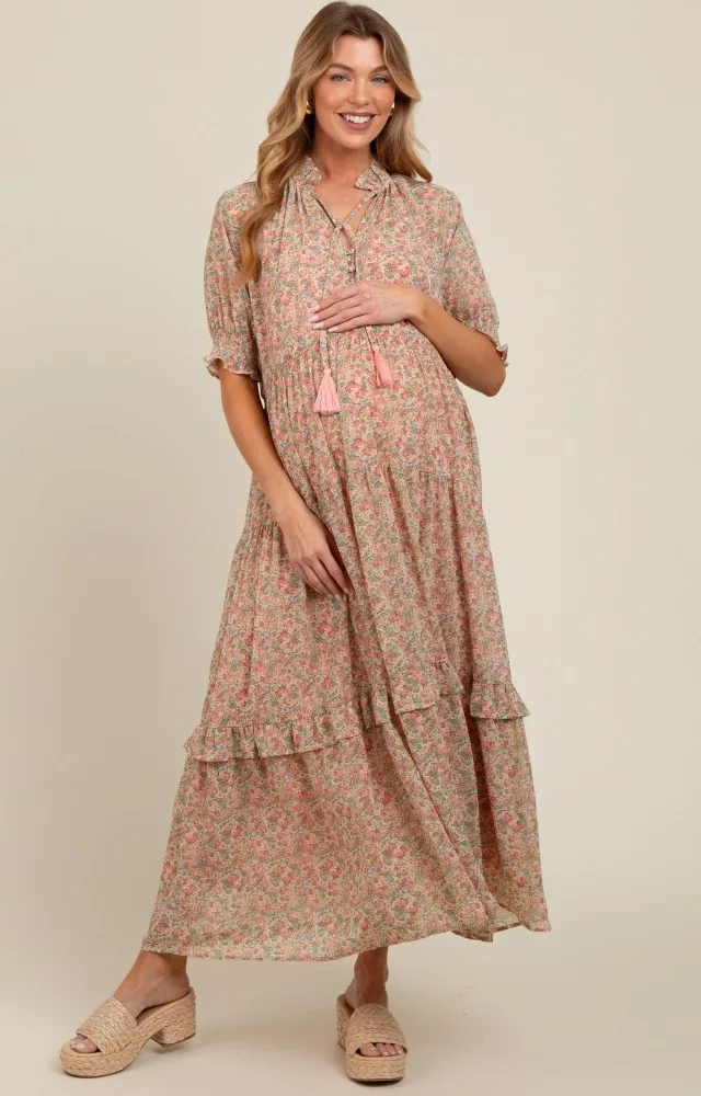 Peach Floral Chiffon Button Front Tiered Maternity Midi Dress