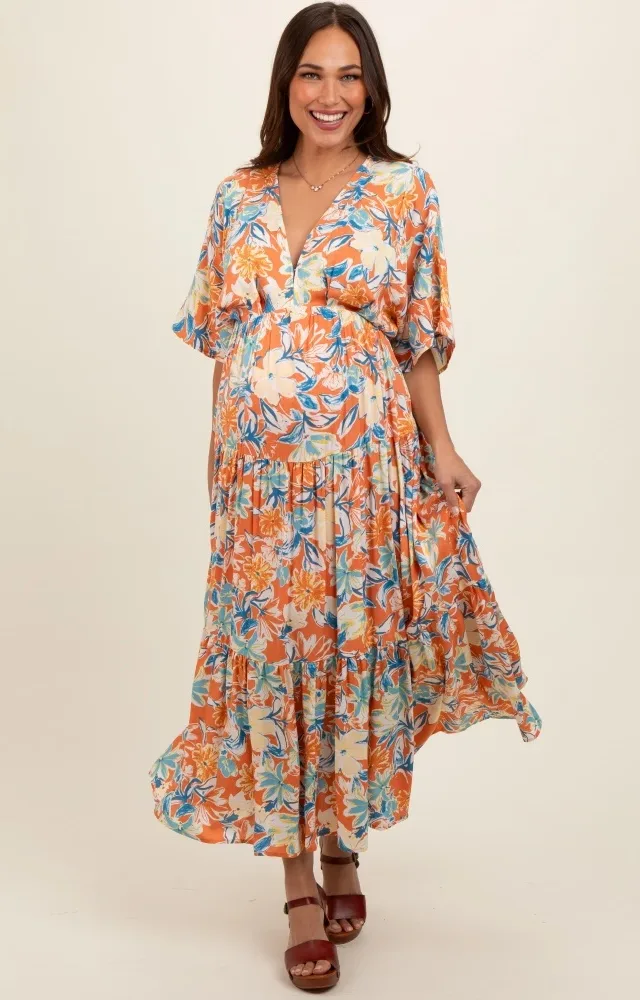 Peach Floral Dolman Sleeve Tiered Maternity Dress