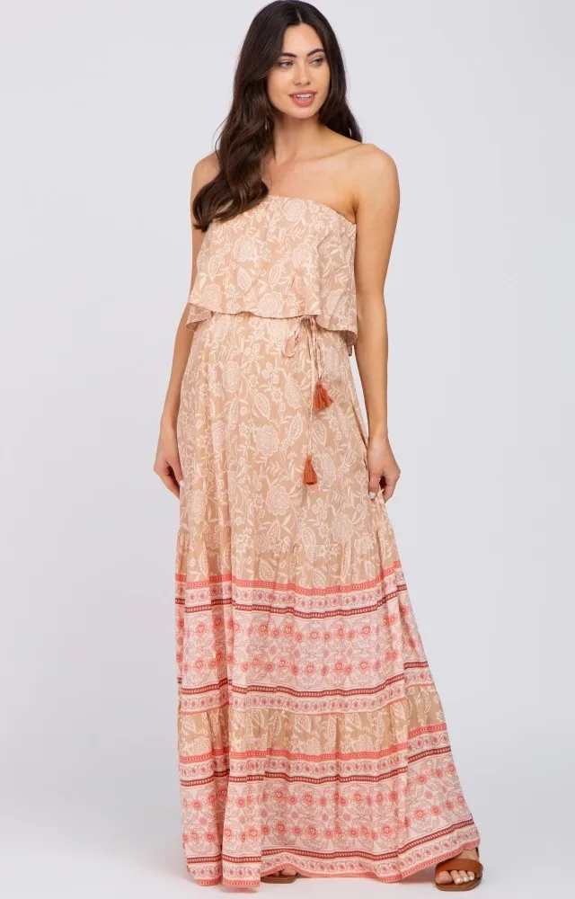 Peach Floral Ruffle Layered Strapless Maternity Maxi Dress