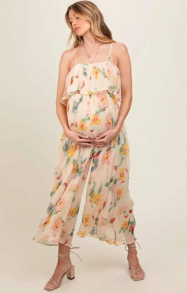 Peach Floral Ruffle Overlay Wide Leg Maternity Jumpsuit