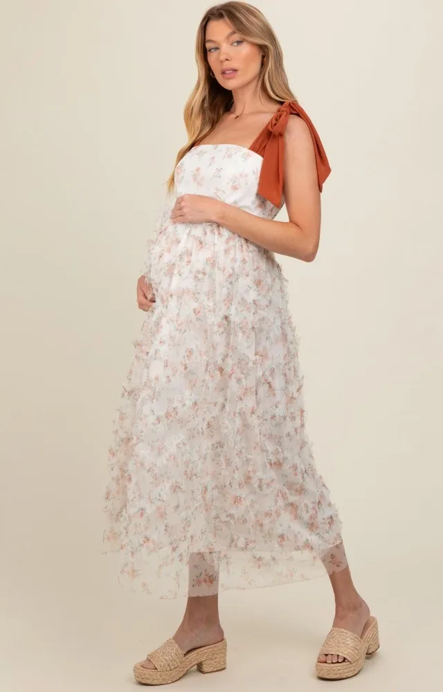 Peach Floral Ruffle Tiered Maternity Maxi Dress