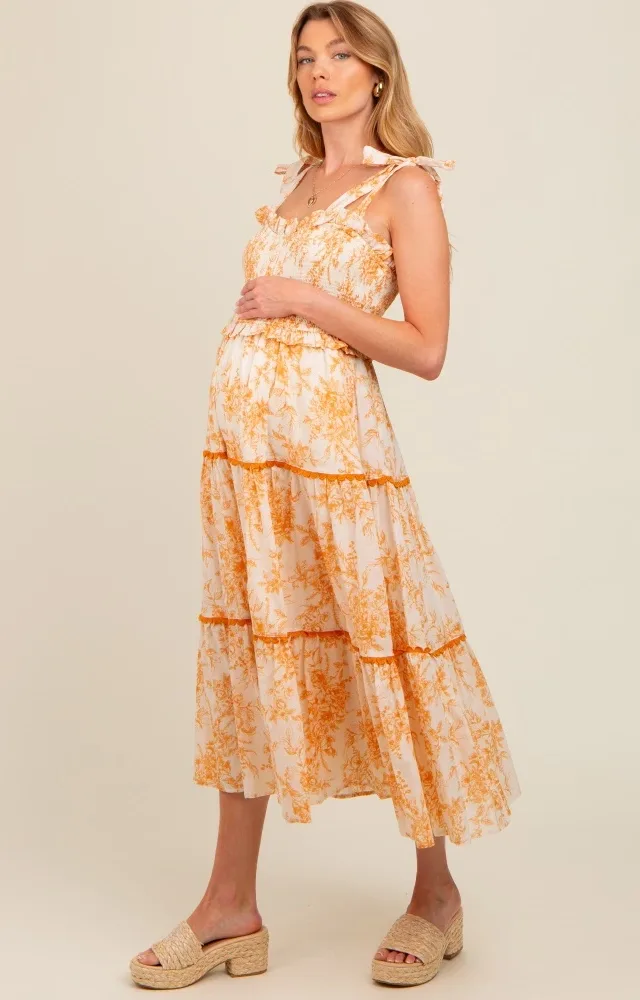 Peach Floral Sleeveless Ruffle Tiered Maternity Midi Dress