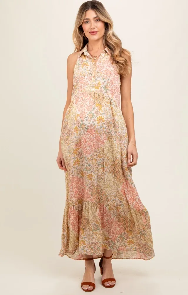 Peach Floral Sleeveless Tiered Collared Maternity Maxi Dress