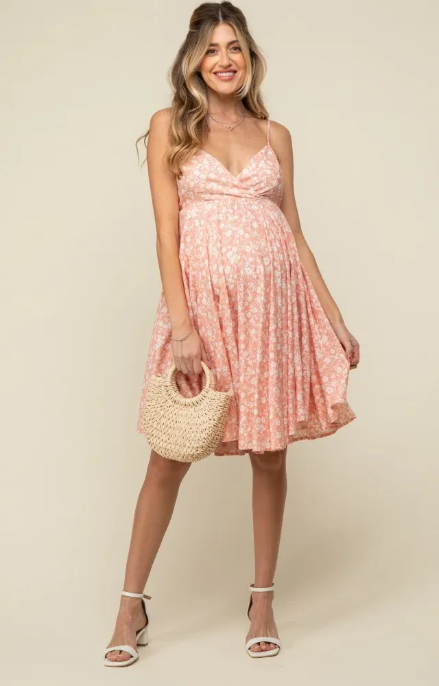 Peach Floral Sleeveless V-Neck Maternity Dress