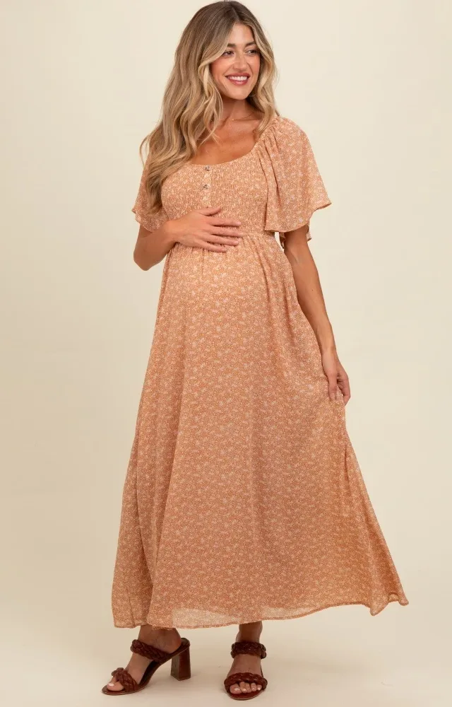 Peach Floral Smocked Button Accent Maternity Maxi Dress