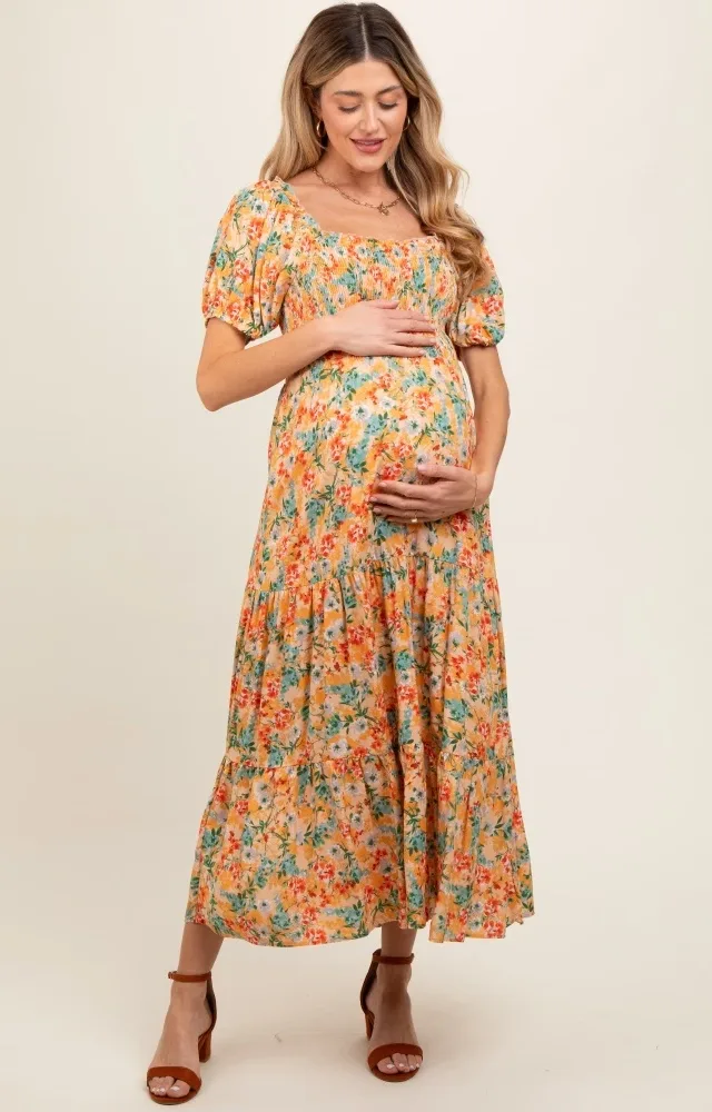 Peach Floral Smocked Tiered Maternity Midi Dress