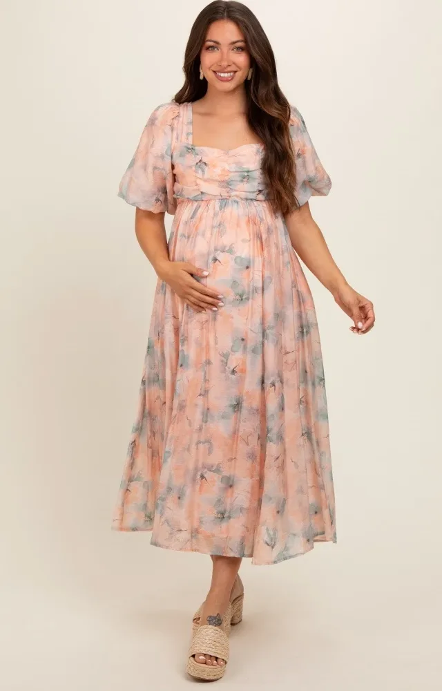 Peach Floral Square Neck Short Puff Sleeve Lace-Up Back Maternity Midi Dress