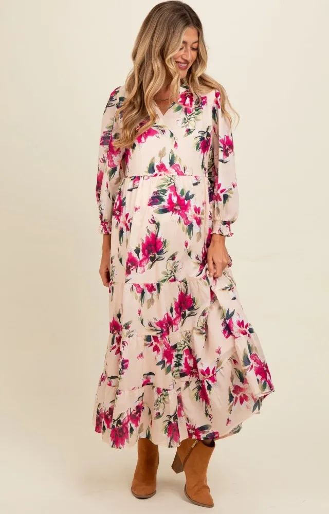 Peach Floral V-Neck Tiered Maternity Midi Dress