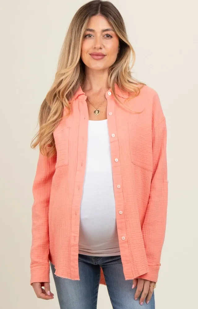 Peach Front Pocket Fringe Hem Button Up Maternity Shirt