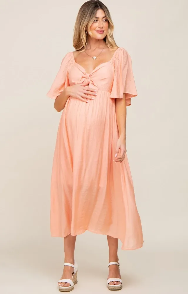 Peach Front Tie Ruffle Sleeve Maternity Midi Dress