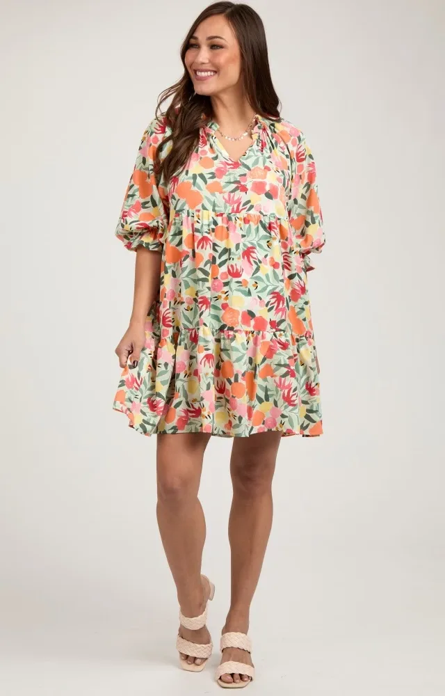 Peach Fruit Print Long Sleeve Tiered Maternity Dress