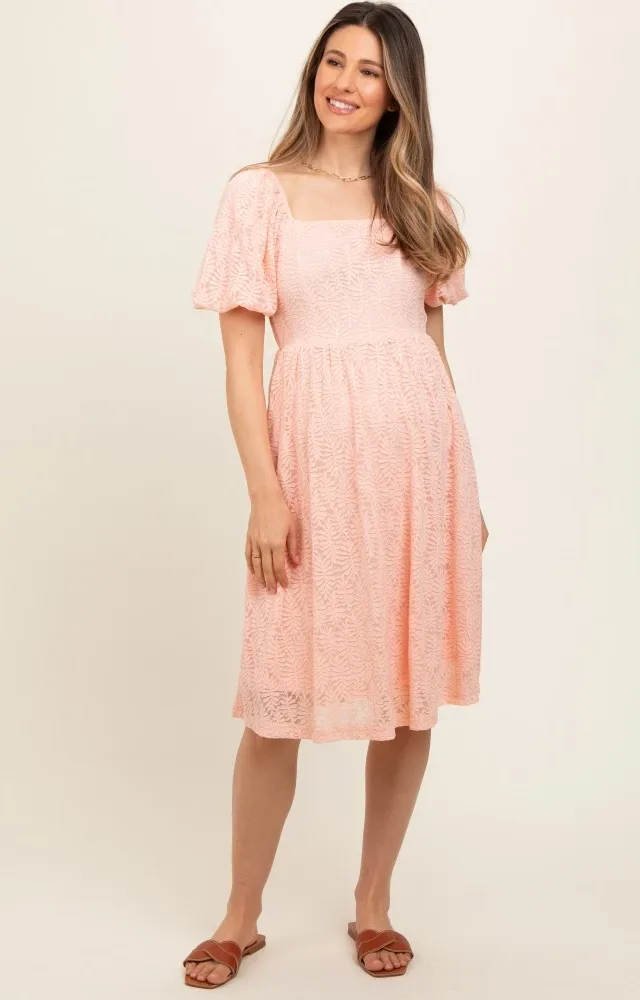 Peach Lace Square Neck Maternity Dress