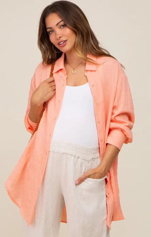 Peach Lightweight Button Down Maternity Blouse