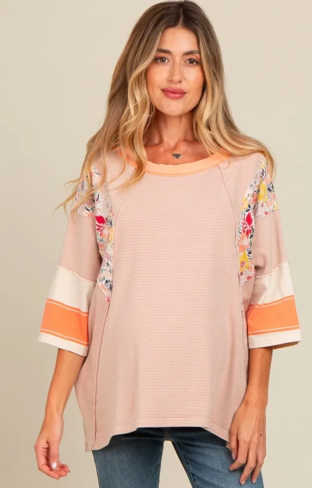 Peach Mixed Print Dolman Sleeve Maternity Top