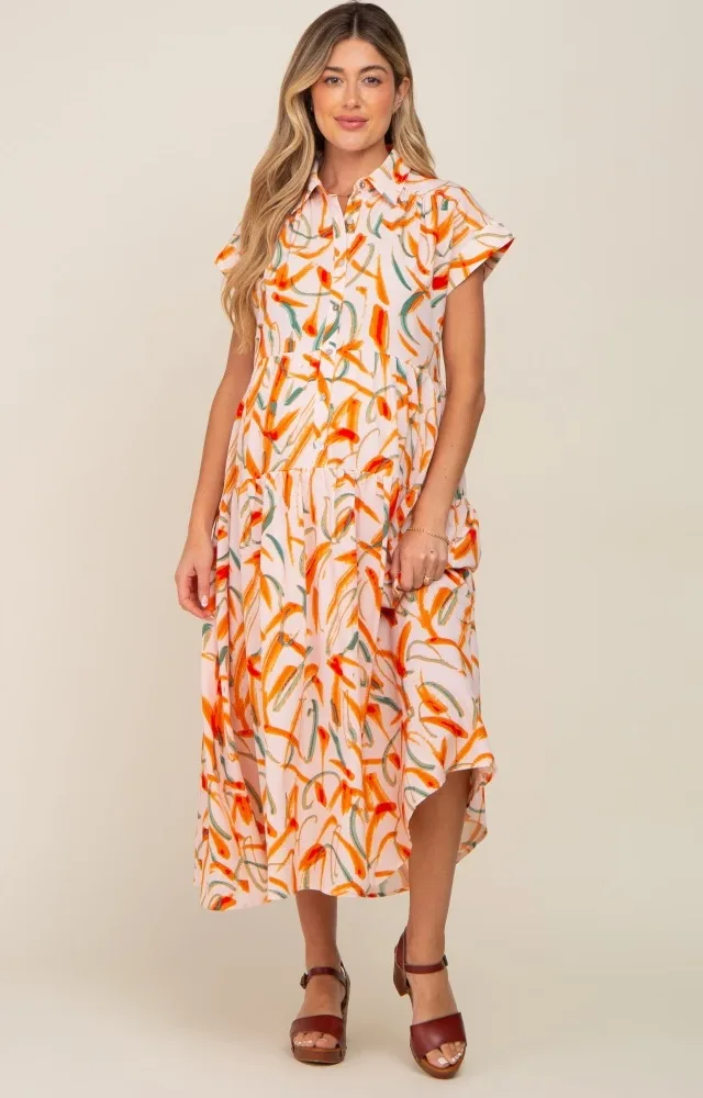 Peach Printed Button Down Tiered Maternity Midi Dress