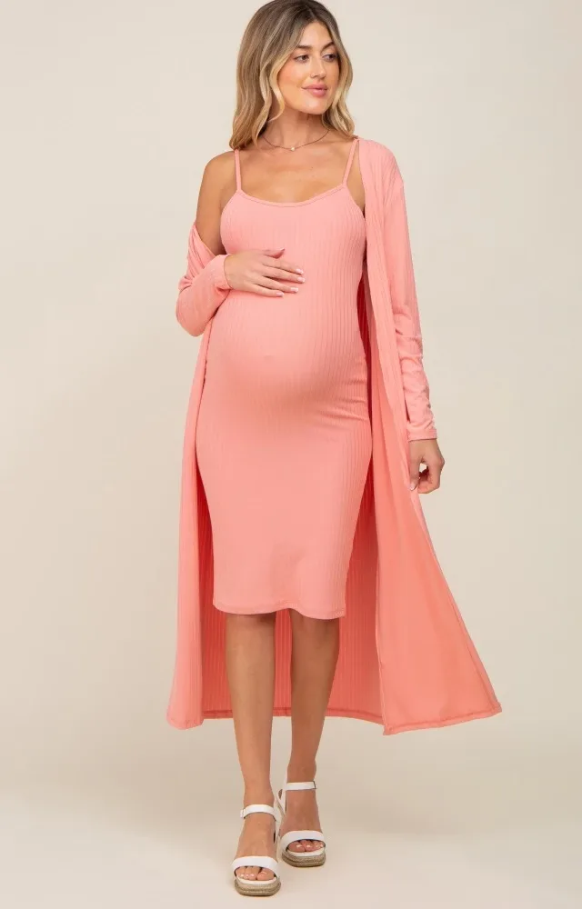 Peach Ribbed Cardigan 2 Piece Maternity Set