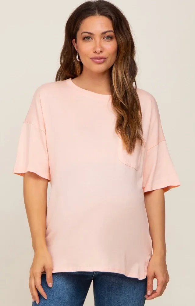 Peach Short Sleeve Pocketed Maternity Top