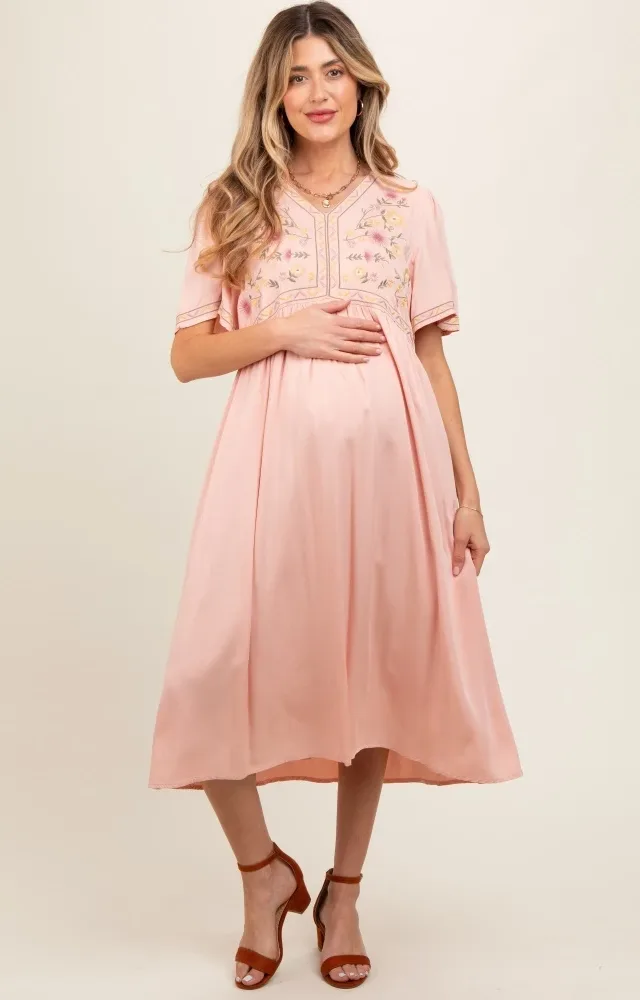 Peach Short Sleeve V-Neck Maternity Midi Dress