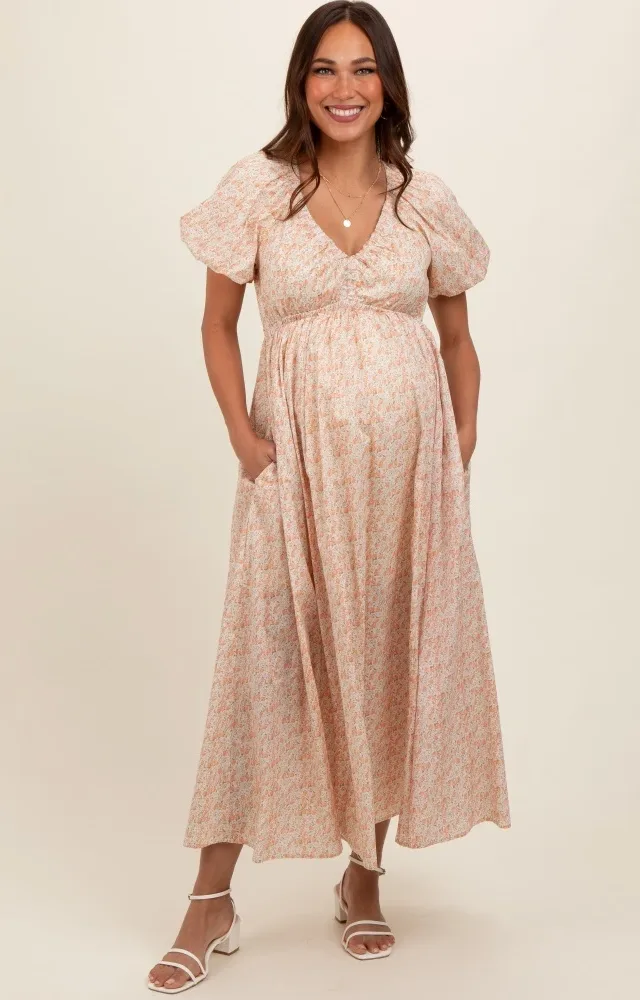 Peach Strawberry Floral Puff Sleeve Maternity Dress