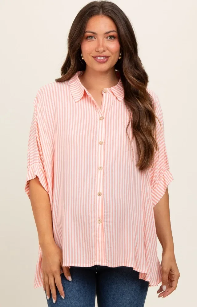 Peach Striped Button Up Dolman Maternity Top