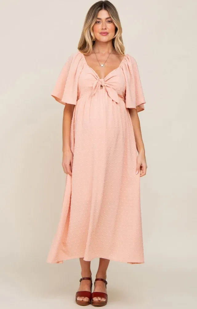 Peach Textured Dot Front Tie Ruffle Sleeve Maternity Midi Dress