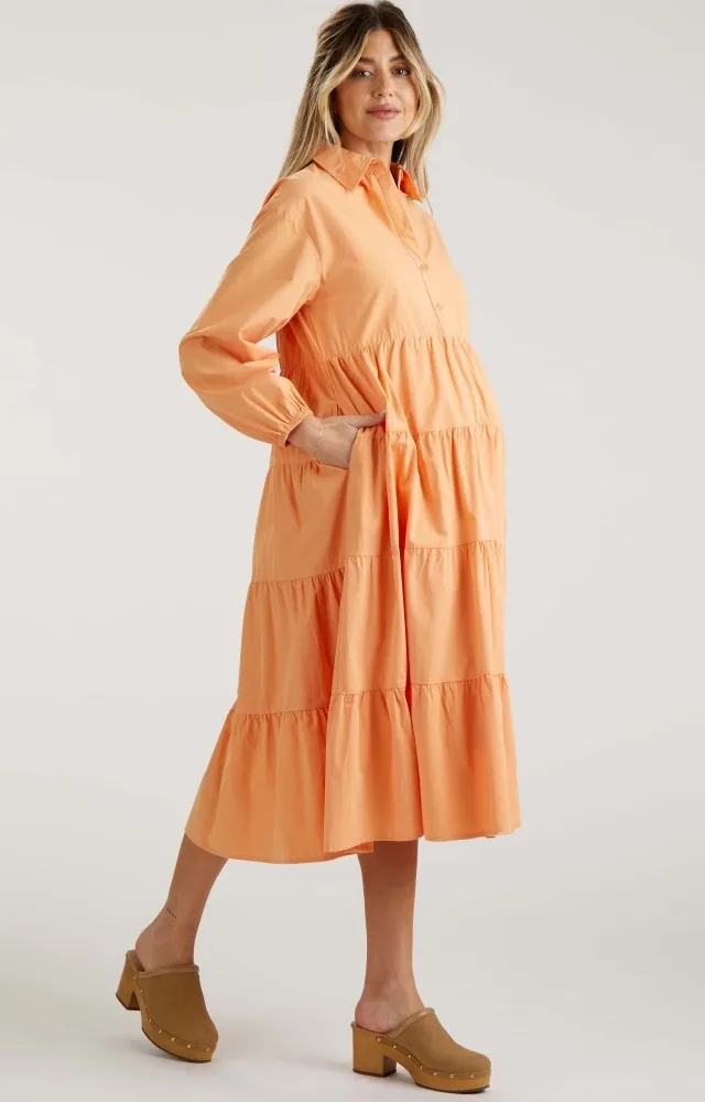 Peach Tiered Collared Maternity Midi Dress