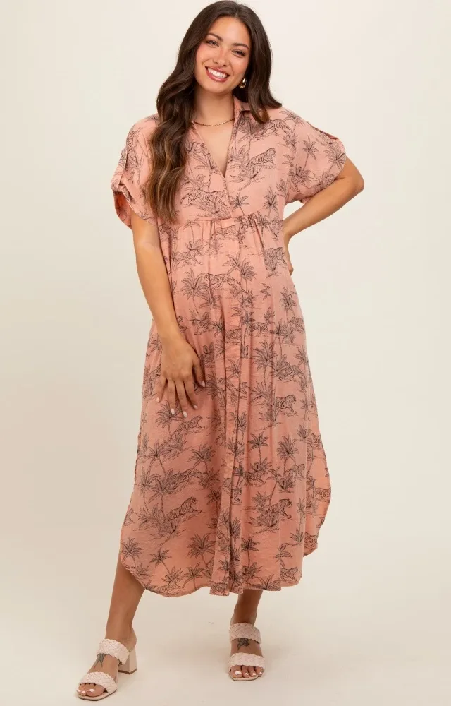 Peach Tiger Print Button Front Rounded Hem Maternity Midi Dress