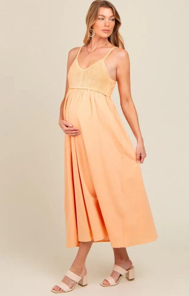 Peach V-Neck Crochet Top Maternity Midi Dress