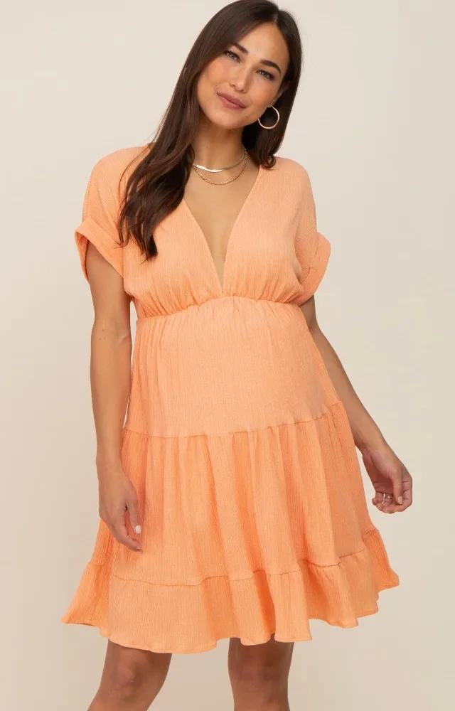 Peach V-Neck Tiered Cutout Back Maternity Dress