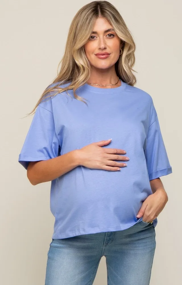 Periwinkle Basic Rolled Short Sleeve Maternity T-Shirt