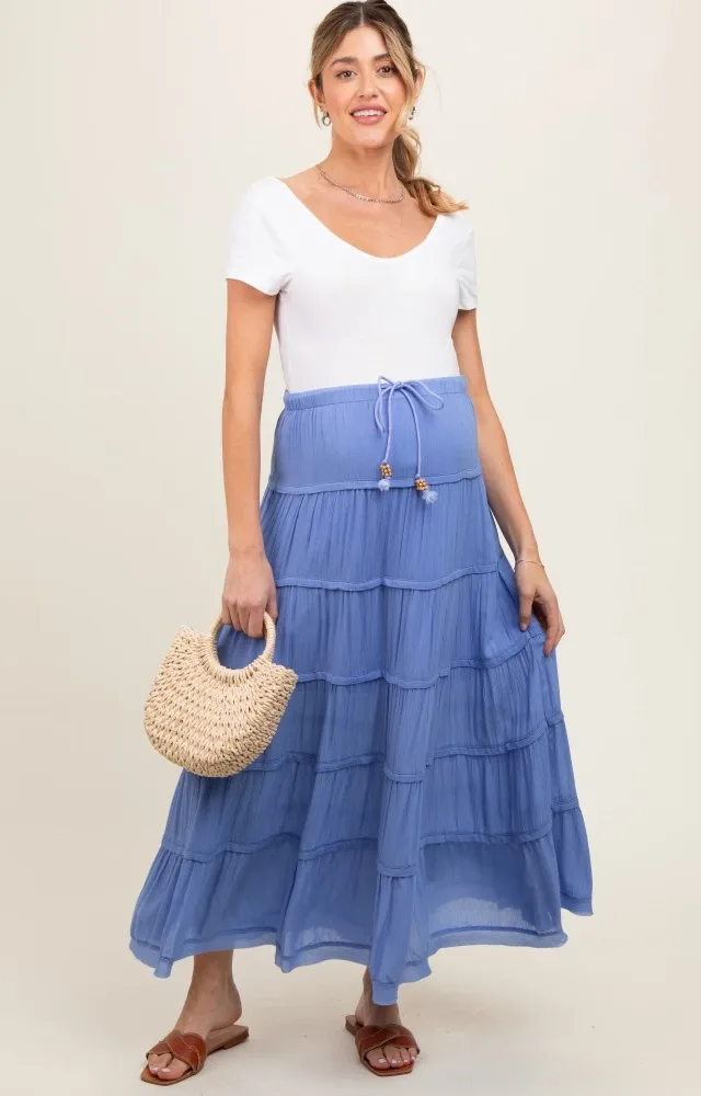 Periwinkle Drawstring Tiered Maternity Maxi Skirt