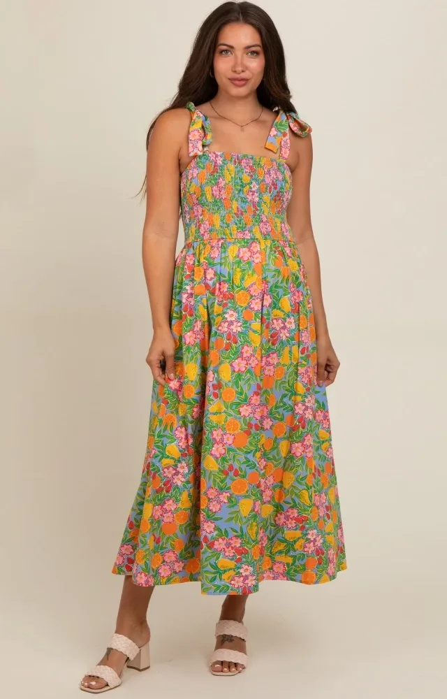 Periwinkle Floral Smocked Shoulder Tie Maternity Maxi Dress