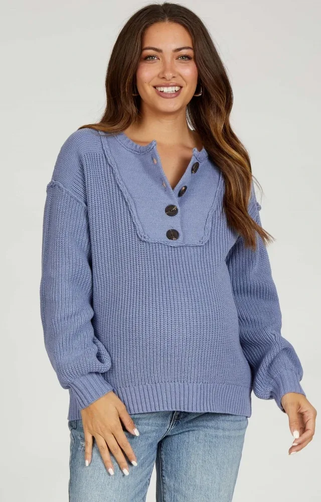 Periwinkle Front Button Knit Maternity Sweater