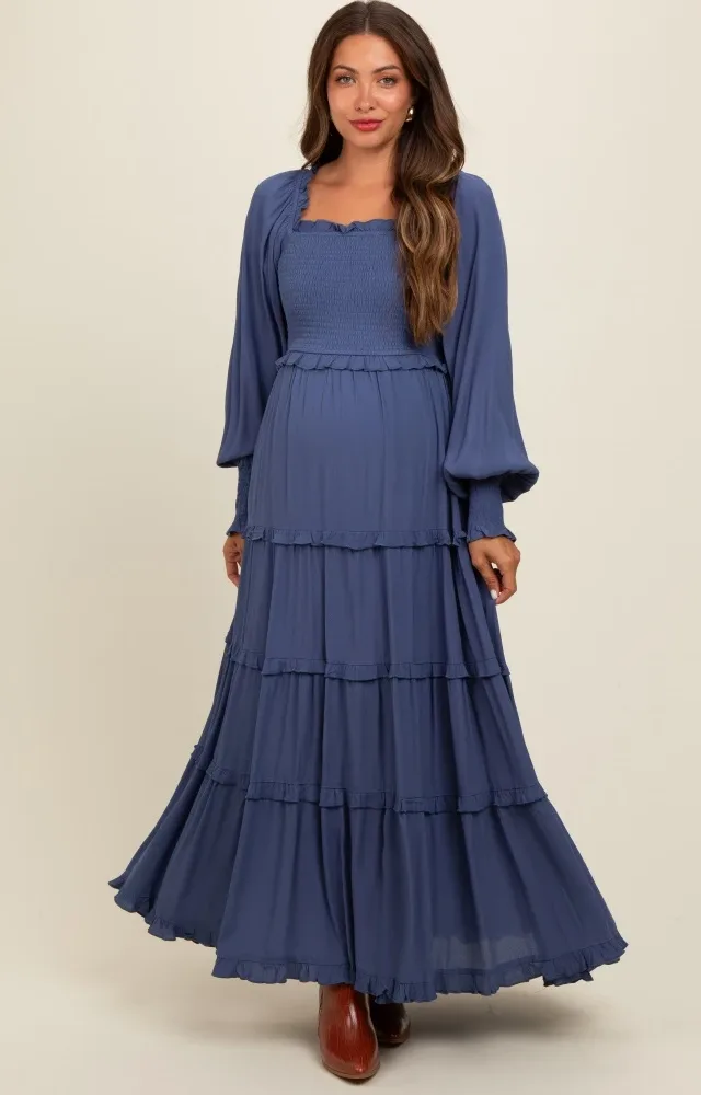 Periwinkle Smocked Long Sleeve Ruffle Tiered Maternity Maxi Dress