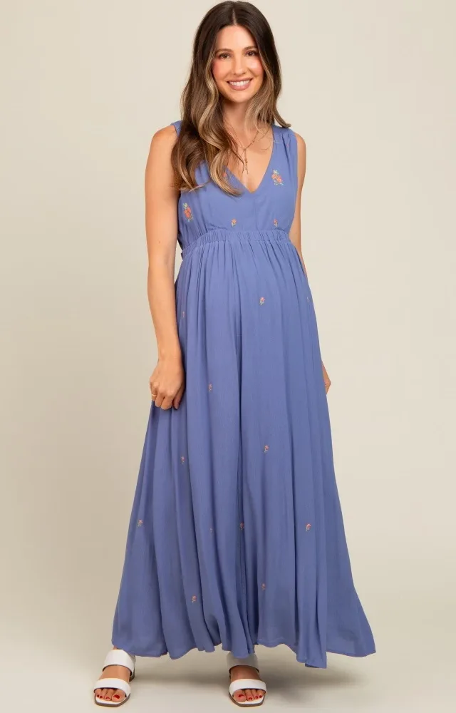 Perwinkle Floral Embroidered Sleeveless Maternity Maxi Dress