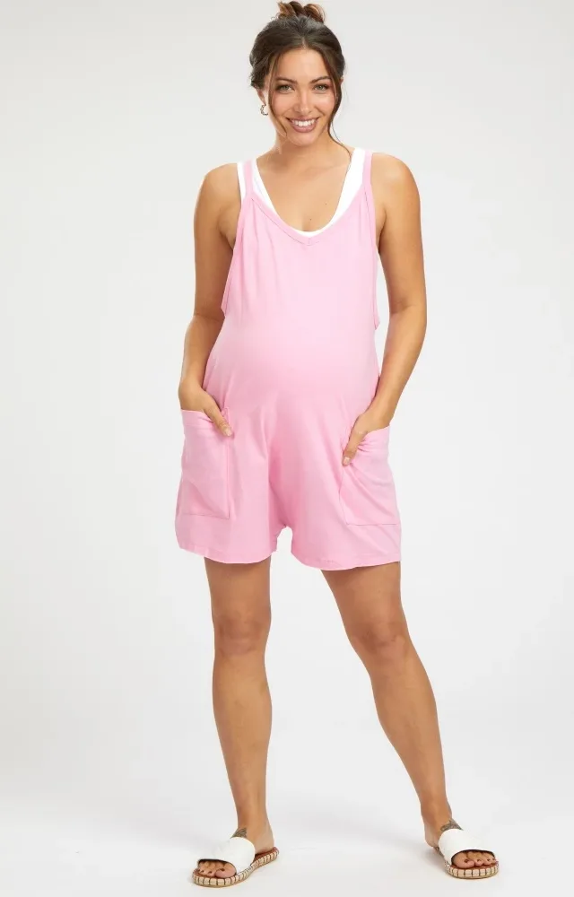 Pink Basic V-Neck Maternity Romper