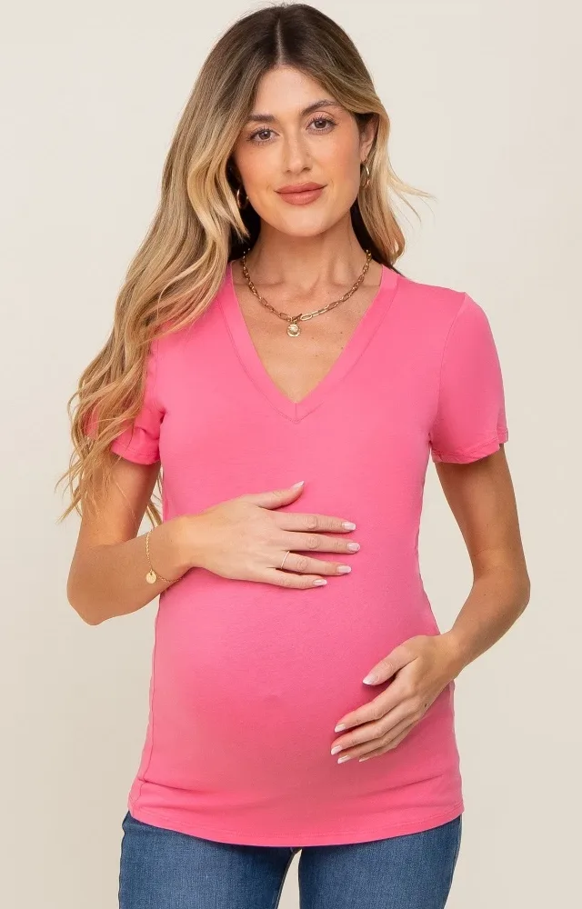 Pink Basic V-Neck Maternity Tee