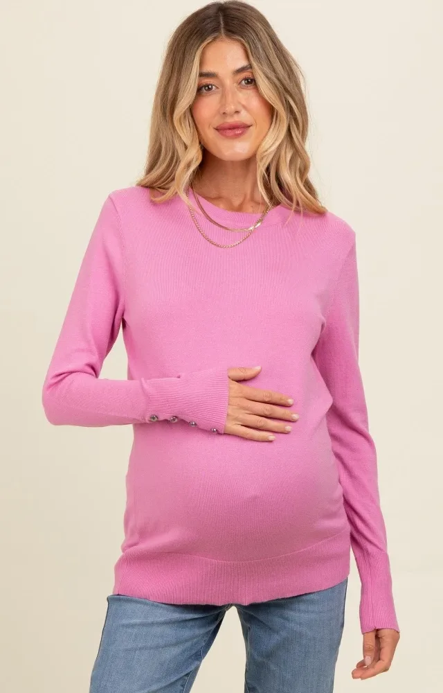 Pink Button Detail Cuff Maternity Sweater