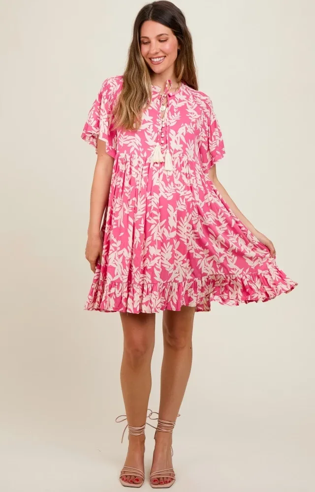 Pink Button Down Pleated Leaf Print Maternity Dress