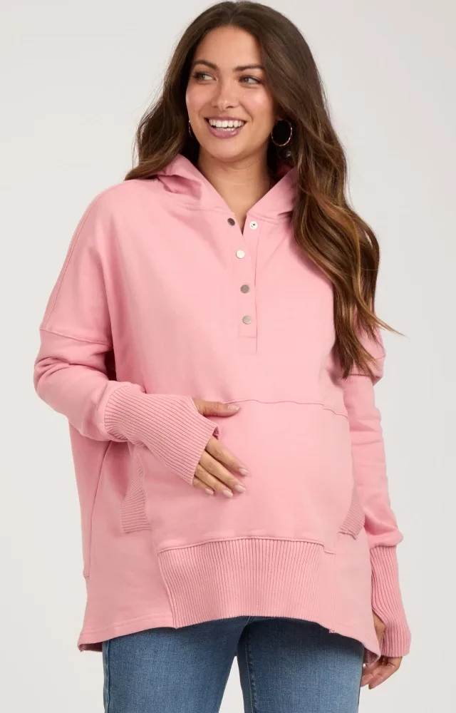 Pink Button Front Ribbed Trim Maternity Hooded Sweatshirt