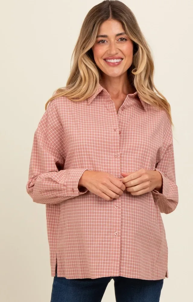 Pink Checker Plaid Button Down Maternity Shirt