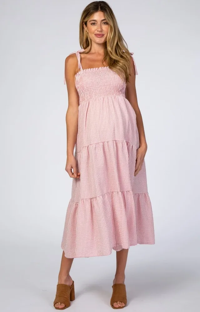 Pink Checkered Tiered Maternity Midi Dress